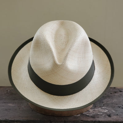 White with black trim Panama straw fedora hat