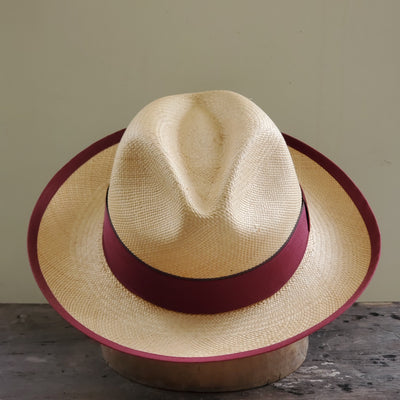 Natural with burgundy trim Panama straw fedora hat